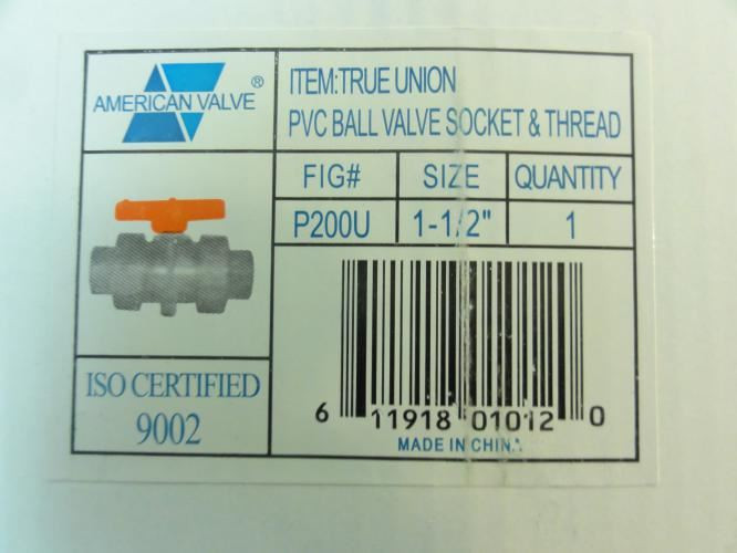 American Valve P200U-1-1/2; Ball Valve; 1-1/2" Size; SCH80 PVC