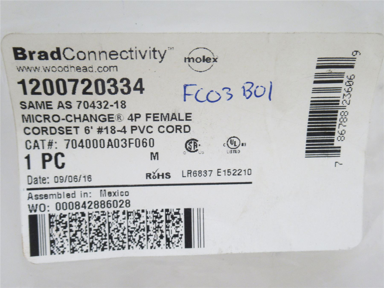 Woodhead 1200720334; Single-Ended Cordset; 4 Pole; 600V. 4 Amp