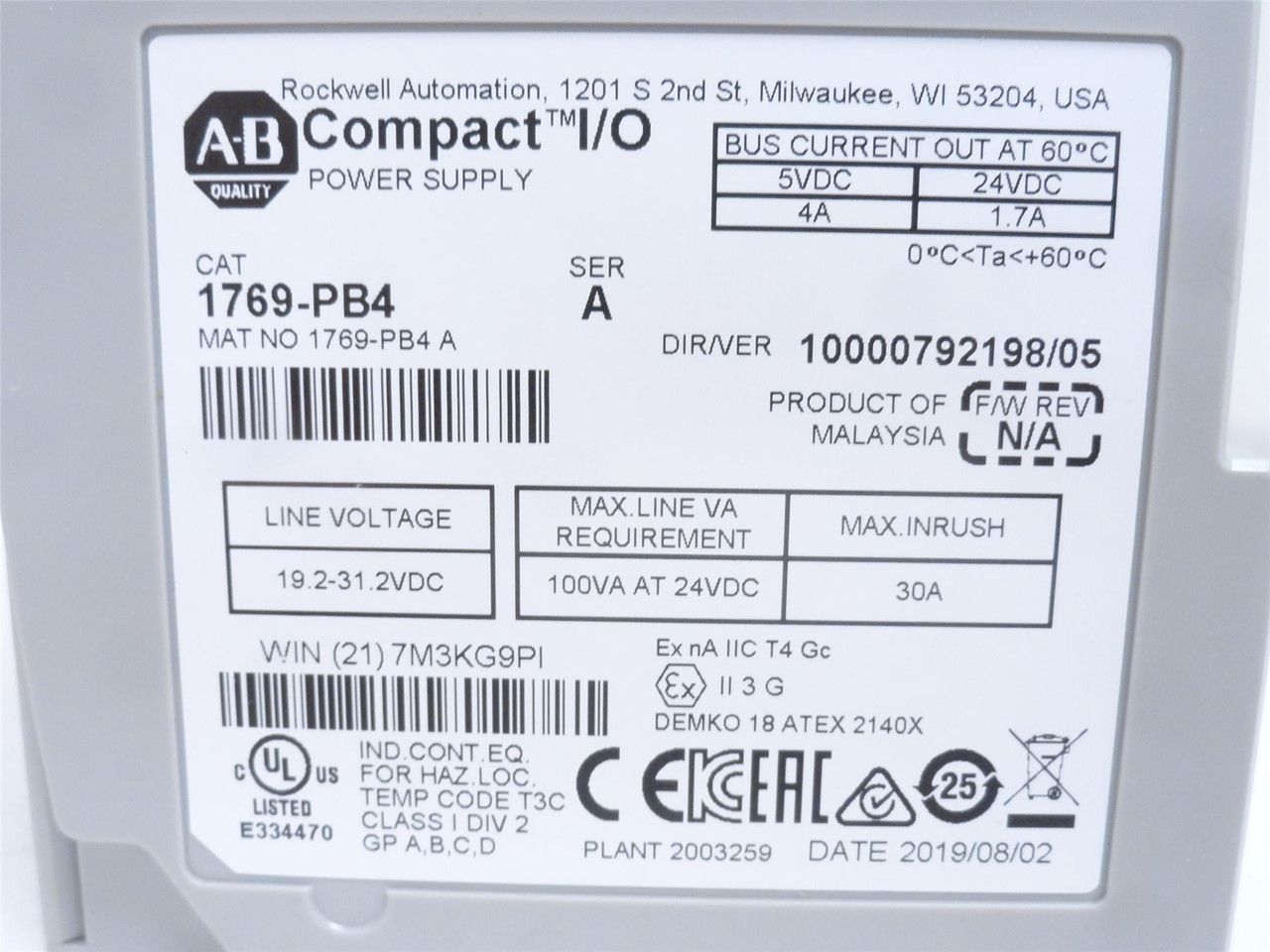 Allen-Bradley 1769-PB4; CompactLogix Power Supply 24VDC Input