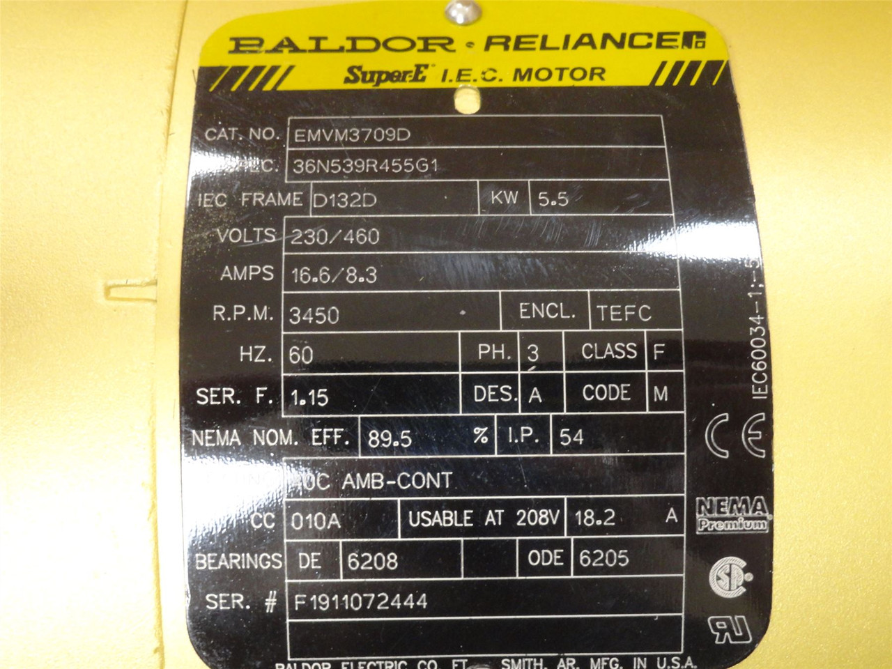 Baldor EMVM3709D; AC Motor; 5.5kW; 230/460V; 3450RPM; 3 Phase