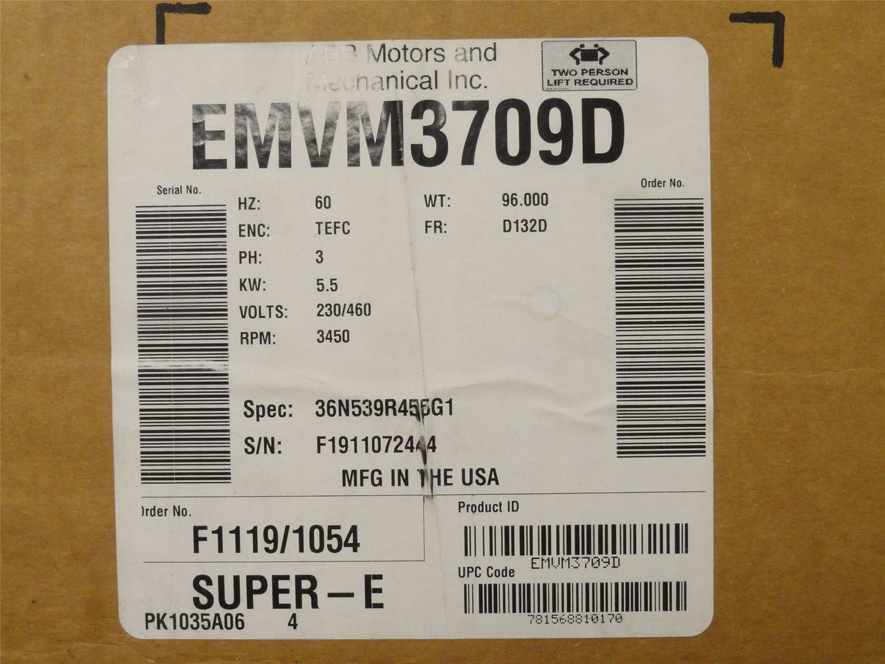 Baldor EMVM3709D; AC Motor; 5.5kW; 230/460V; 3450RPM; 3 Phase
