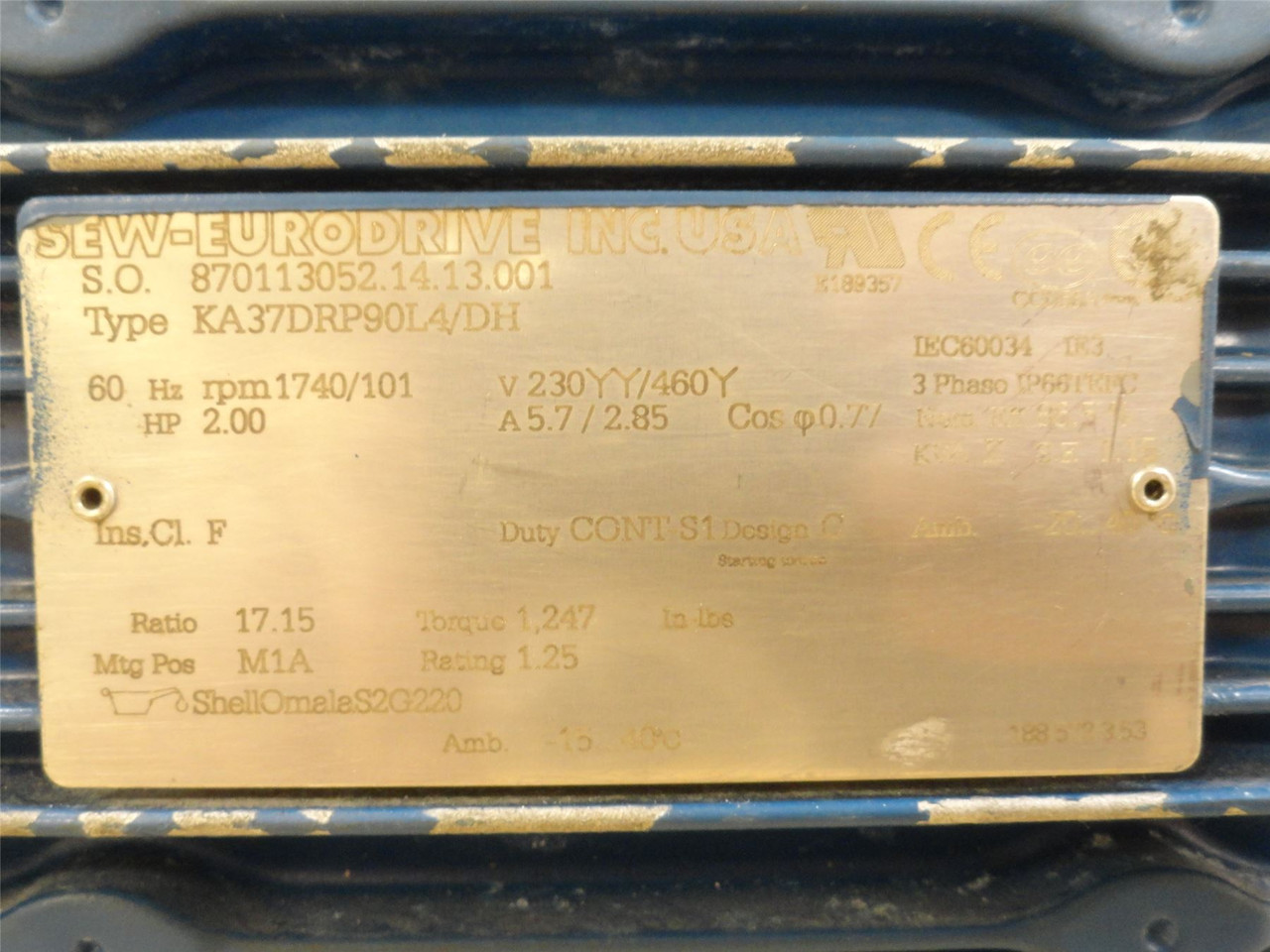 SEW KA37DRP90L4/DH; Gearmotor; 17.15:1 Ratio; 230/460V; 3PH