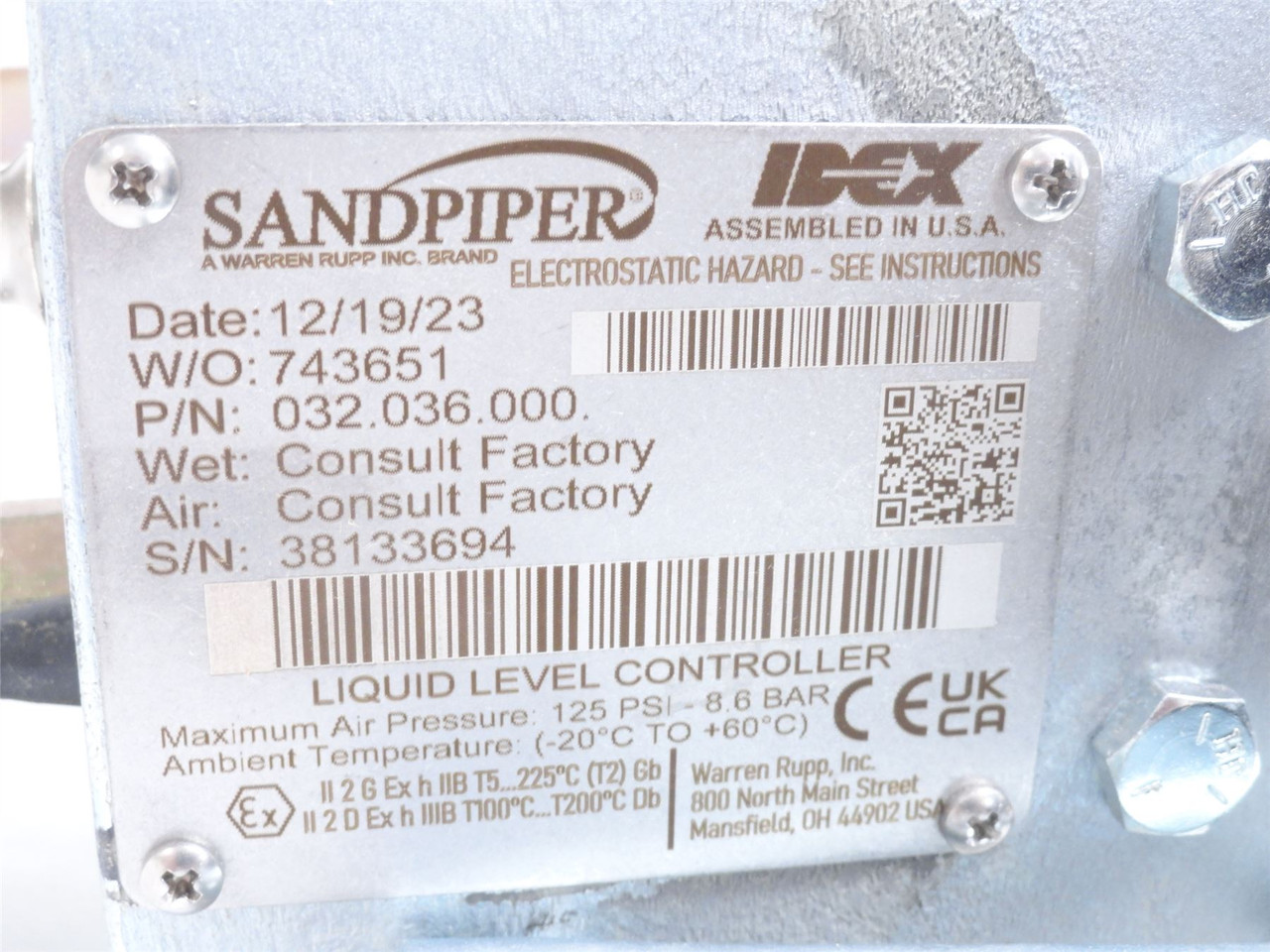 Idex 032.036.000; Air/Liquid Level Control; Float Actuated