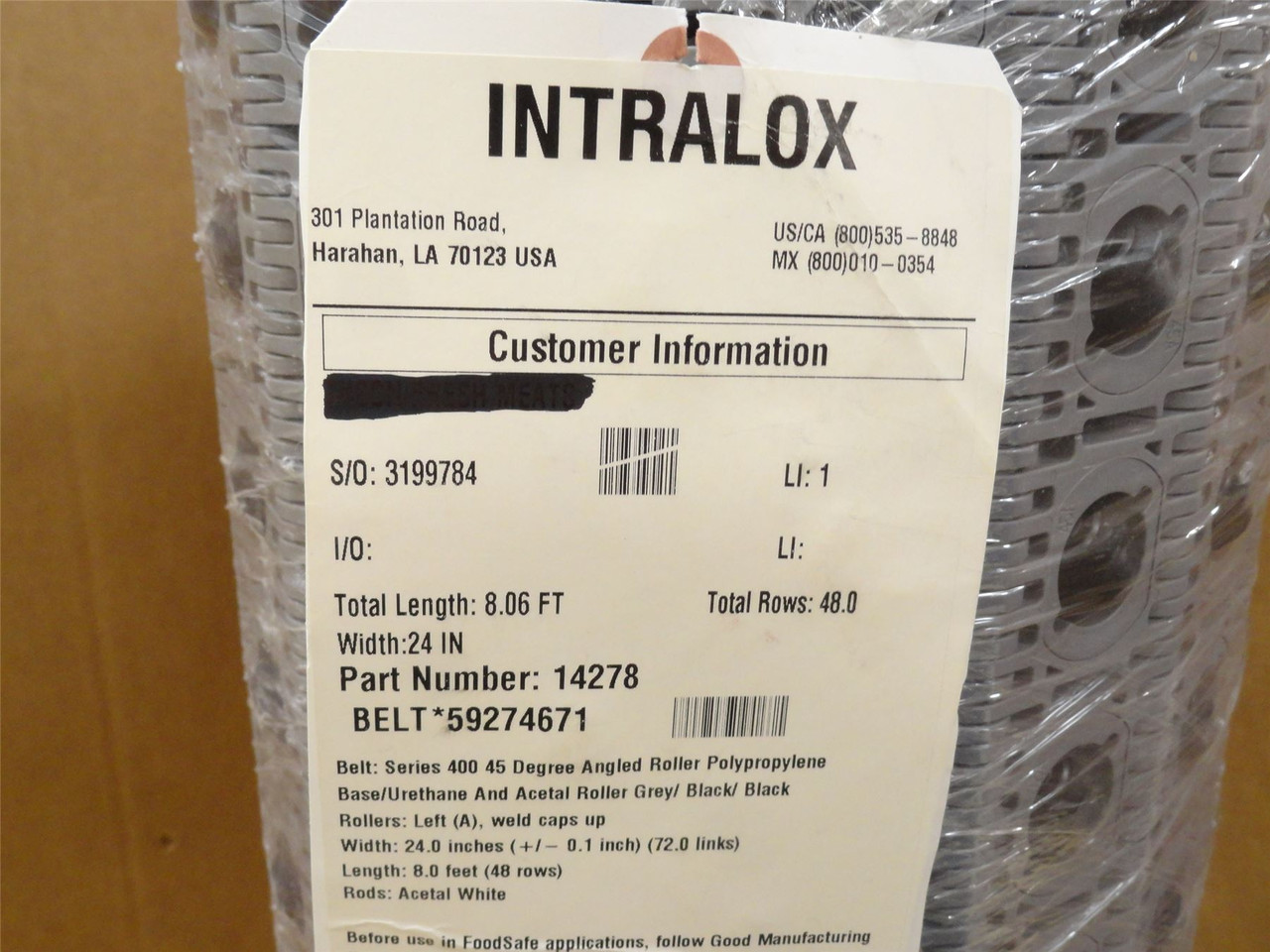 Intralox 14278; Series 400 45Deg Roller Belt; 24"W x 8'L