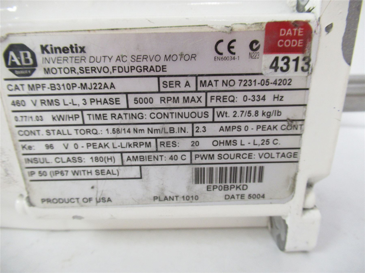 Allen-Bradley MPF-B310P-MJ22AA; Servo Motor FoodGrade 2.94NM