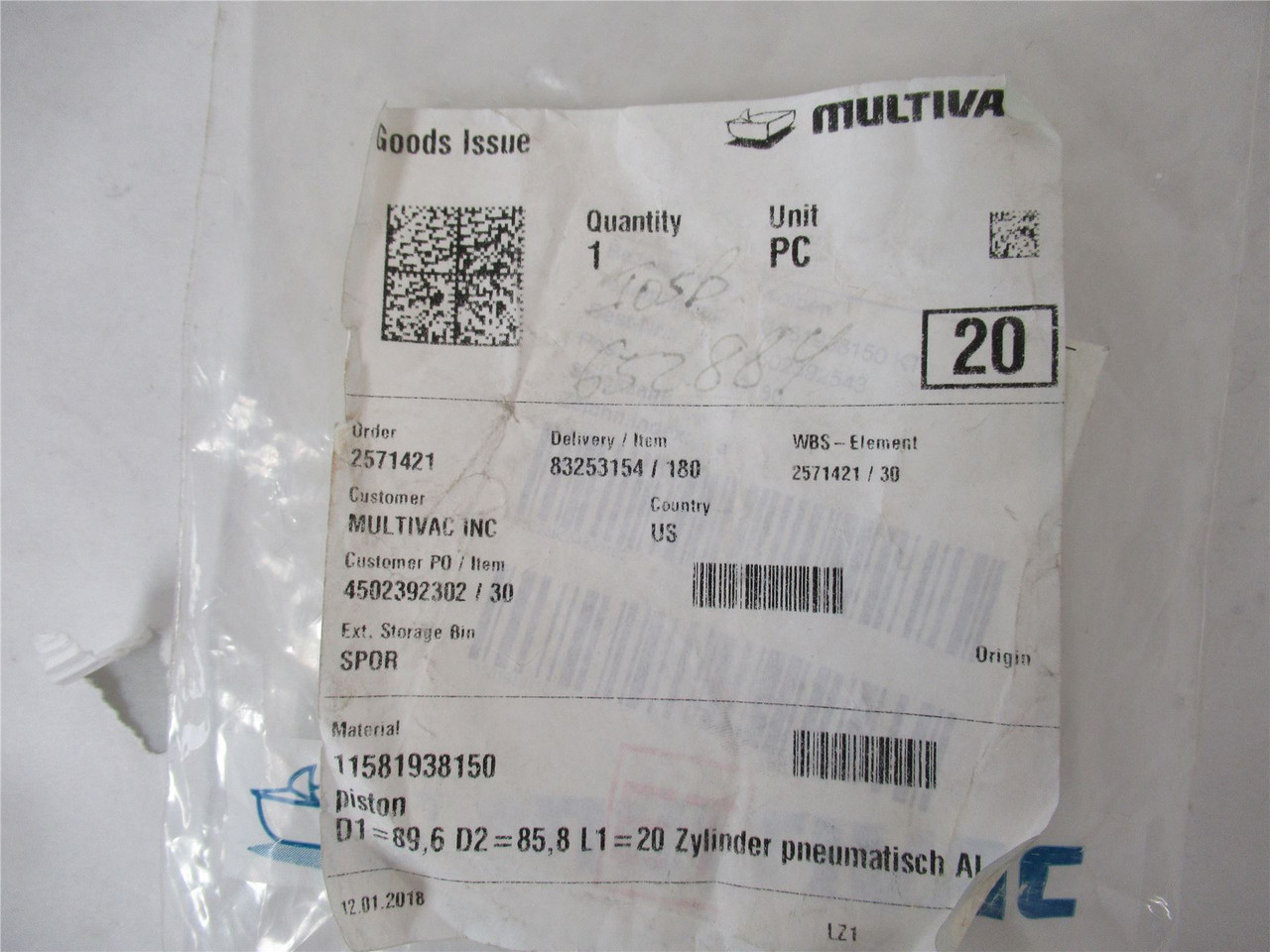 Multivac 11581938150; Piston 7mm Diameter