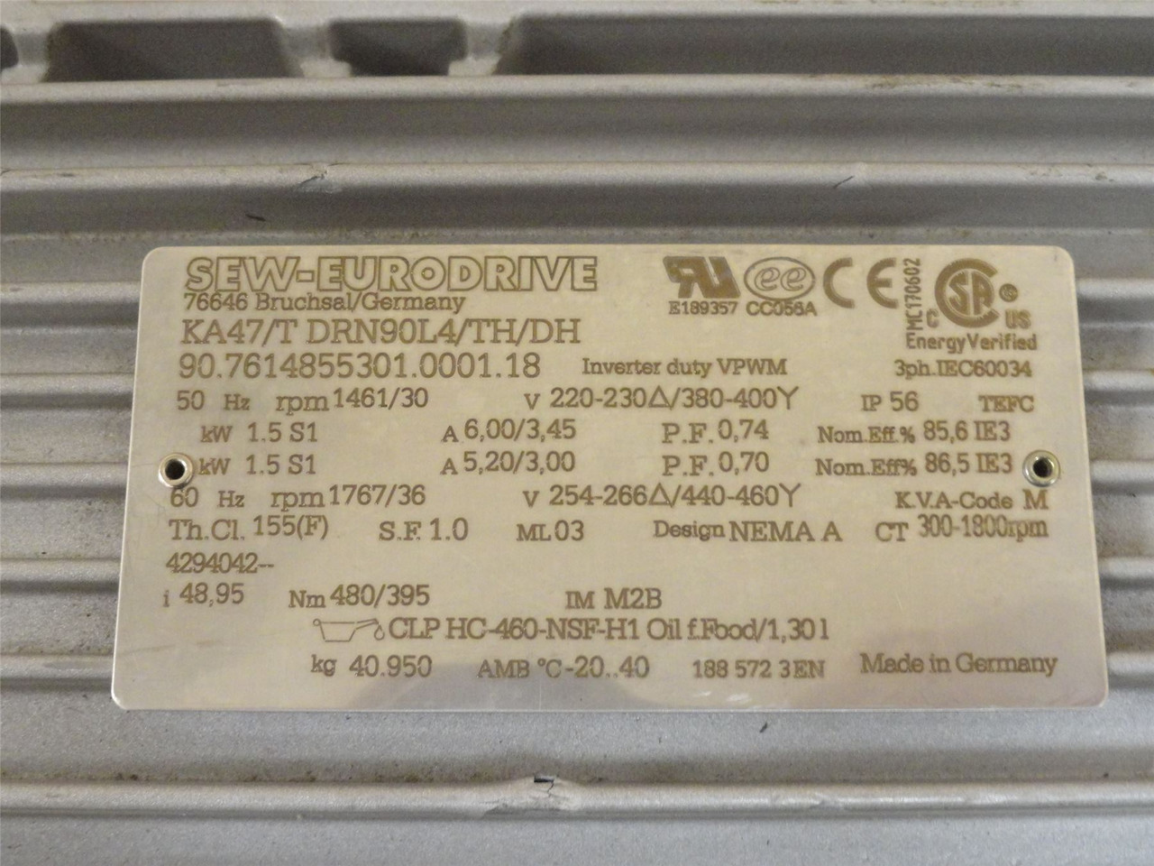 SEW KA47/TDRN90L4/TH/DH; AC Gearmotor; 1.5kW; 49:1 Ratio; 460V