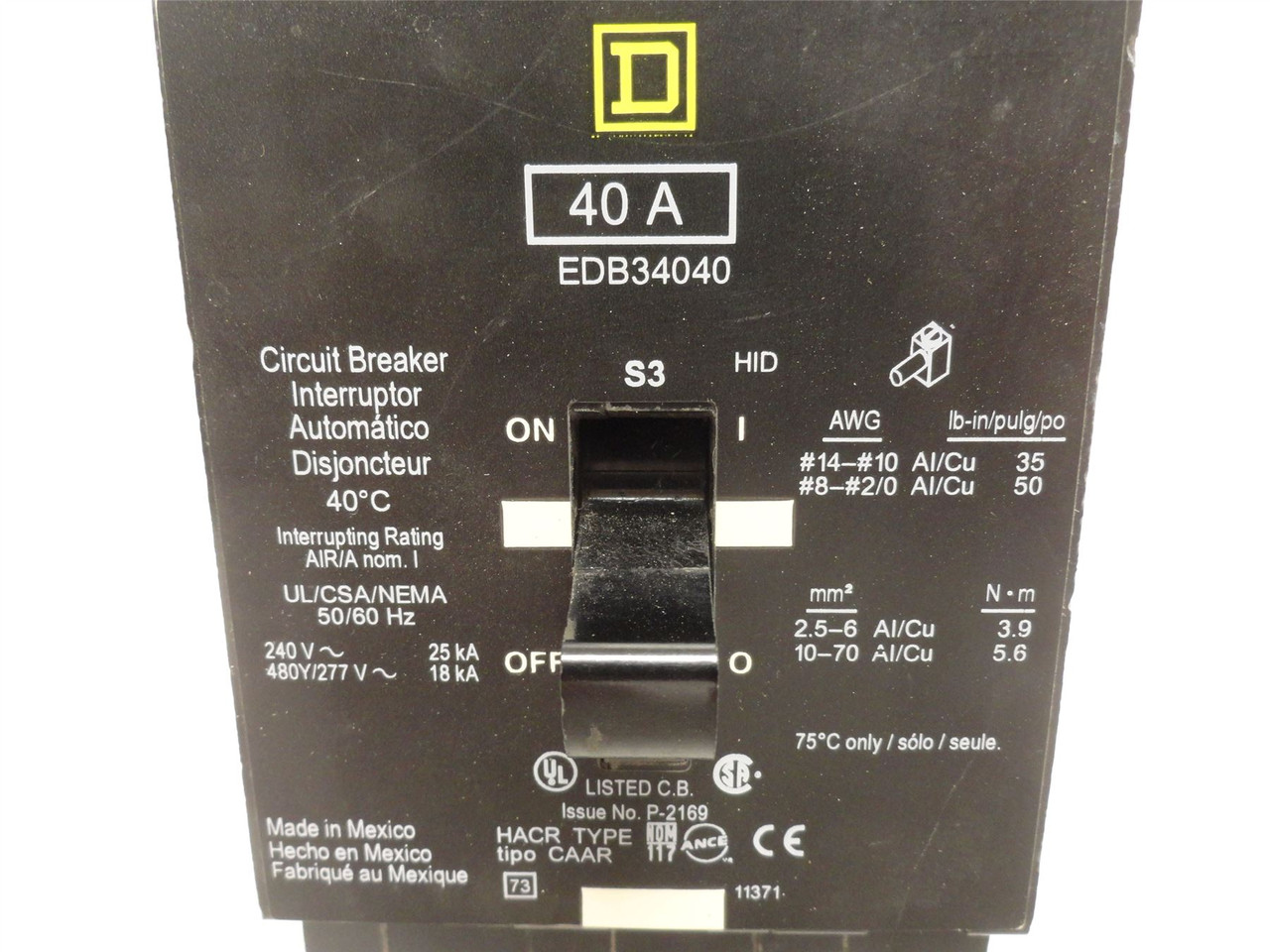 Square D EDB34040; Bolt-On Circuit Breaker 40A; 3P; 277/480VAC