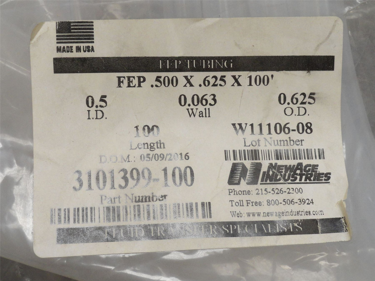 Newage 3101399-100; Roll-100' FEP Tubing 1/2" x 5/8" x .063"