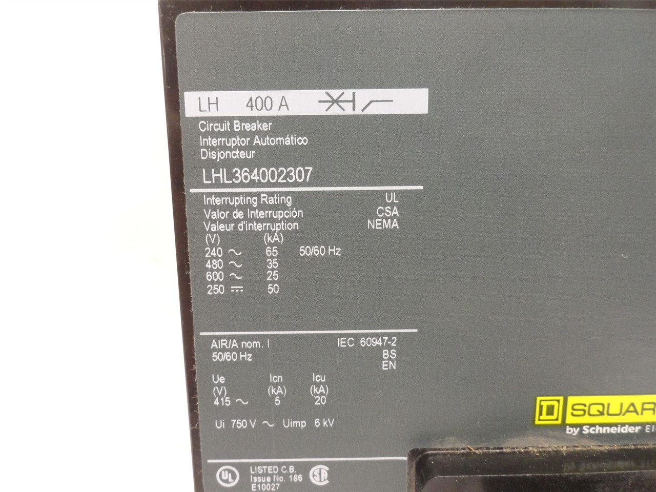 Square D LHL364002307; Circuit Breaker; 400A; 3P; 600VAC