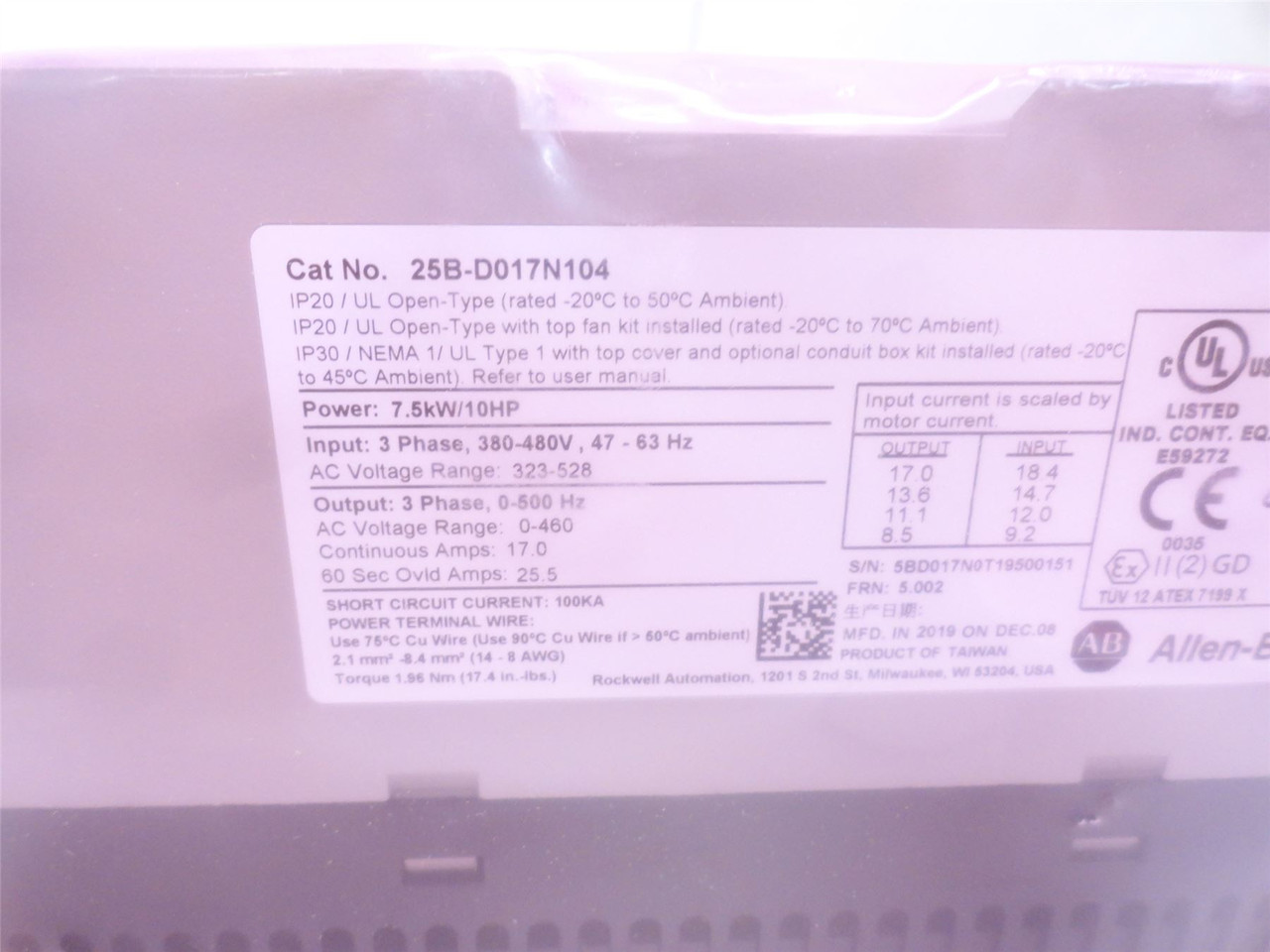 Allen-Bradley 25B-D017N104; AC Drive; 10HP / 7.5 kW; 380/480V