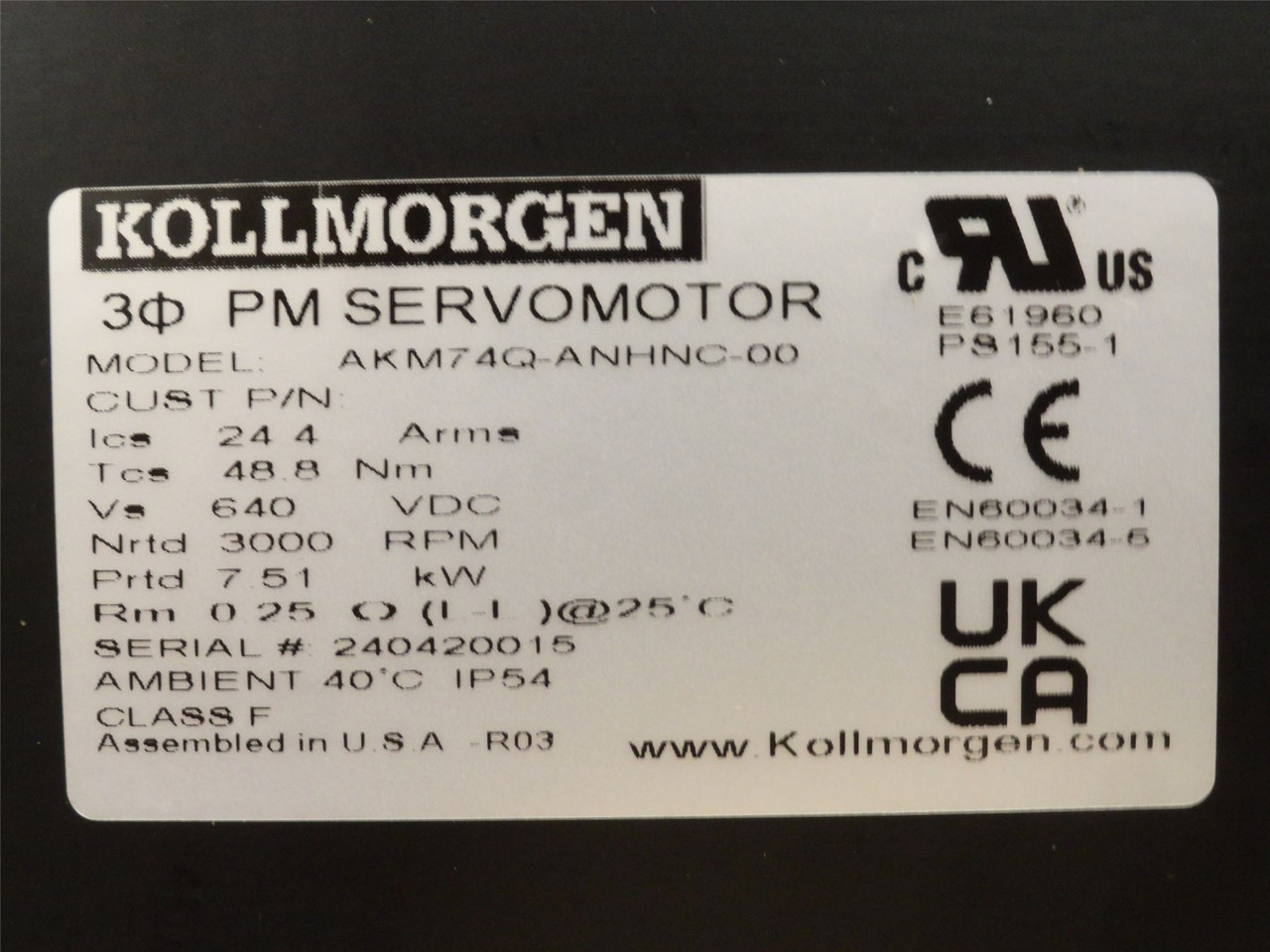 Kollmorgen AKM74Q-ANHNC-00; DC Brushless Servo-Motor; 7.5KW