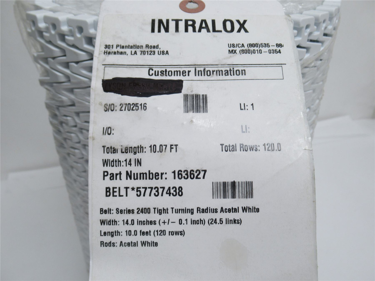 intraslo 57737438; Conveyor Belt S2400; 14" Wide x 10' Long