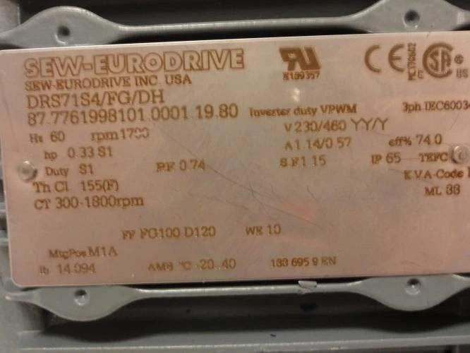 SEW-EuroDrive SA47DRS71M4; Gearbox; .33HP; 38:1 Ratio