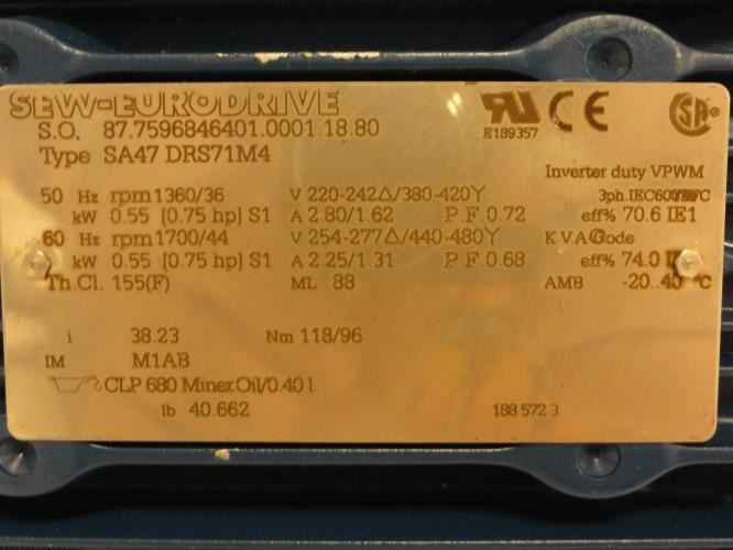SEW-EuroDrive SA47DRS71M4; Motor Gearbox; .75HP; 38:1 Ratio