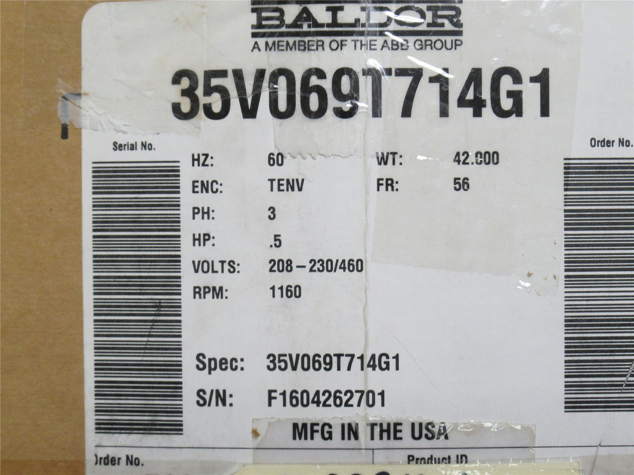 Baldor 35V069T714G1; AC Motor 1/2HP; 208/230-460V; 1160RPM