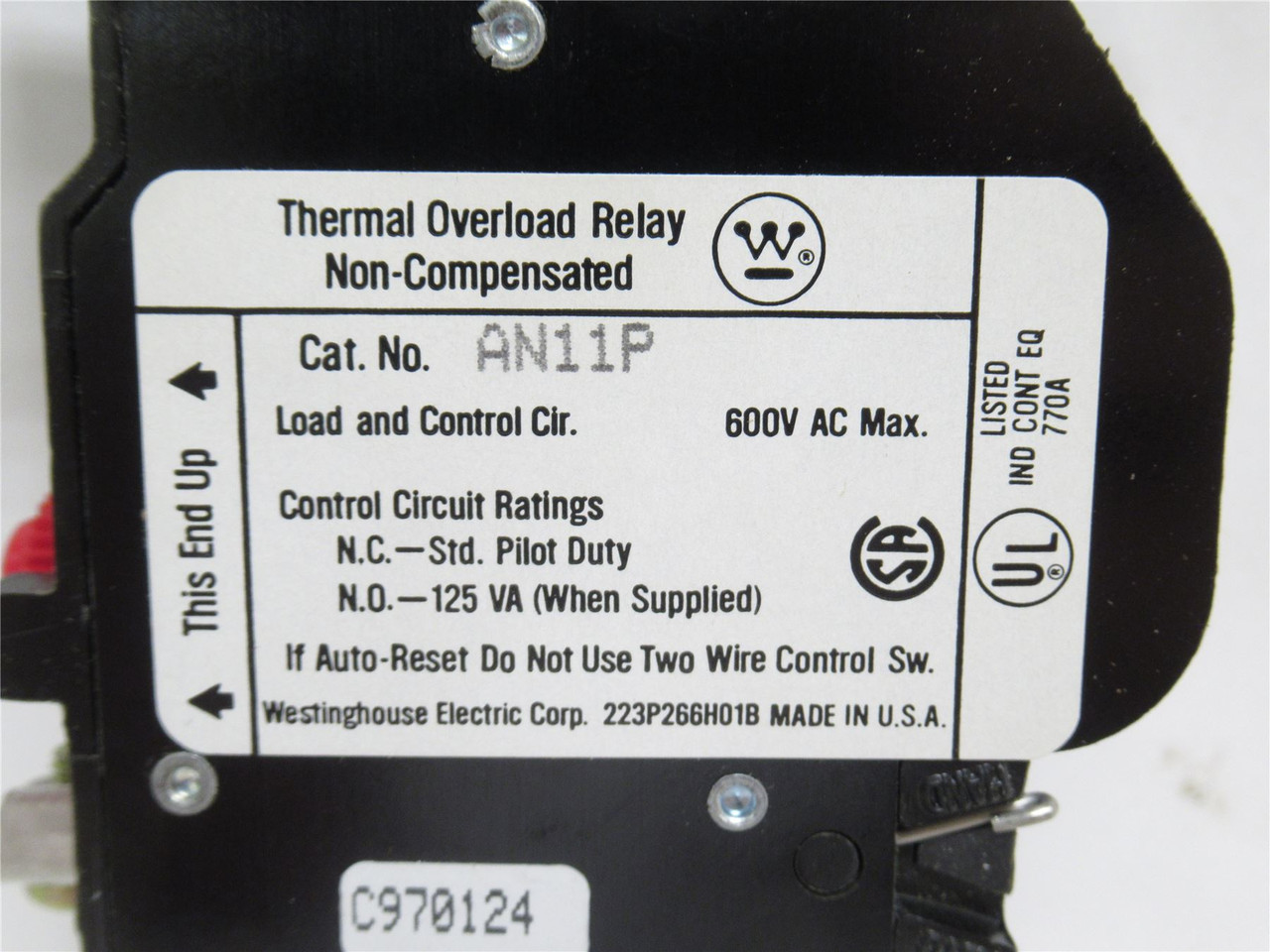 Westinghouse AN11P; Thermal Overload Relay; 125vA; 600VAC; 1P