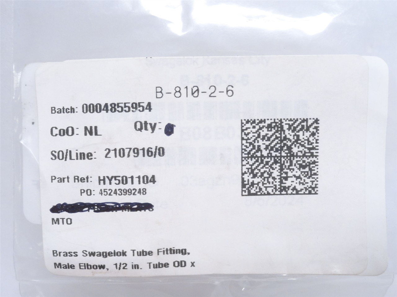 Swagelok B-810-2-6; Elbow Fitting; 90Deg; 1/2" Tube x 1/4NPT