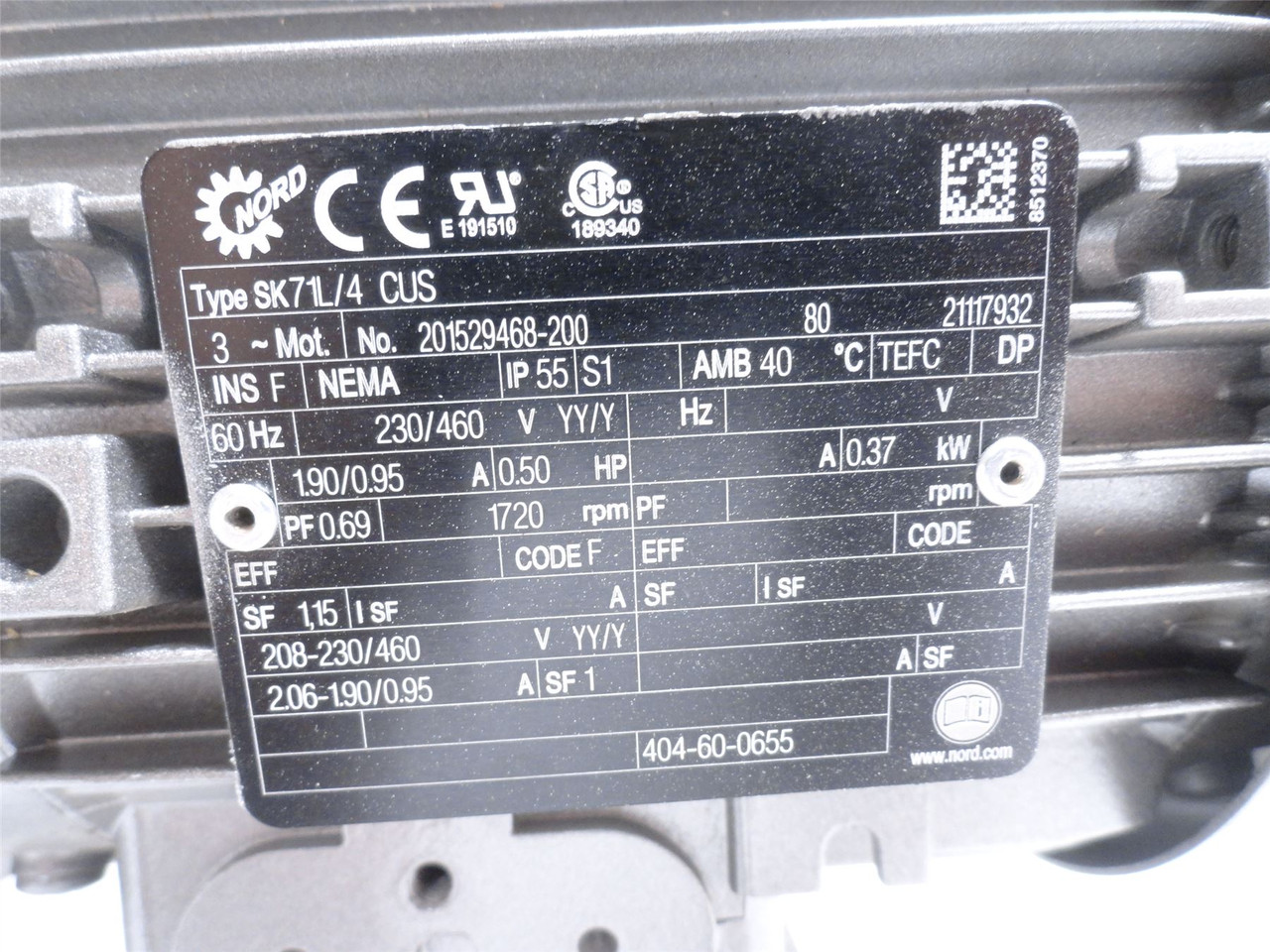 Nord SK02040AZBDH-71L/4CUS; AC Gearmotor; 13.27:1 Ratio; 1/2HP