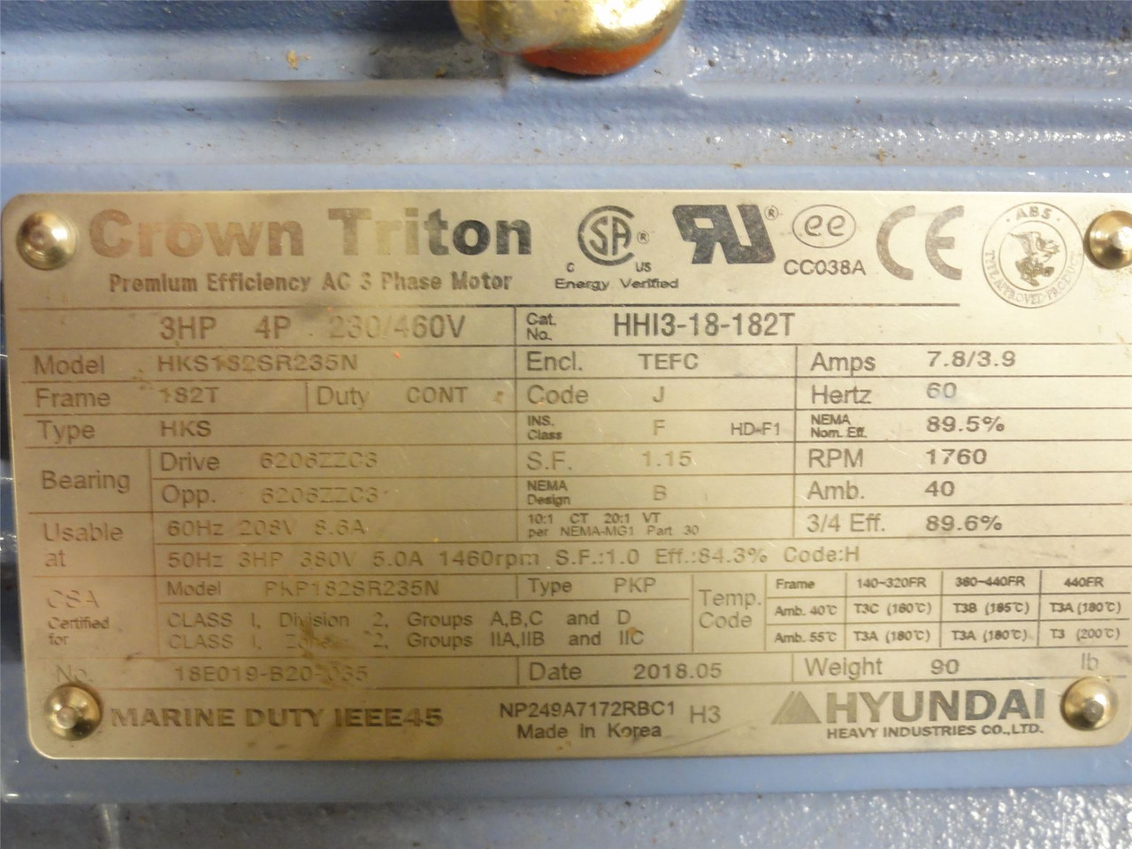Hyundai HKS182SR235N; AC Motor; 3HP; 208V; 1800RPM; 3-Phase