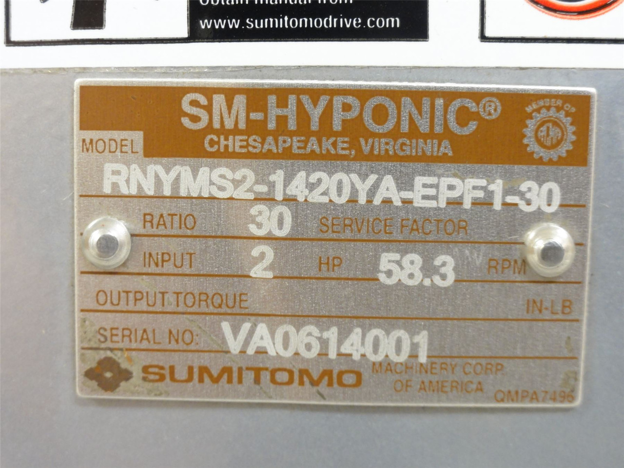 Sumitomo RNYMS2-1420YA-EPF1-30; Gear Motor; 30:1 Ratio