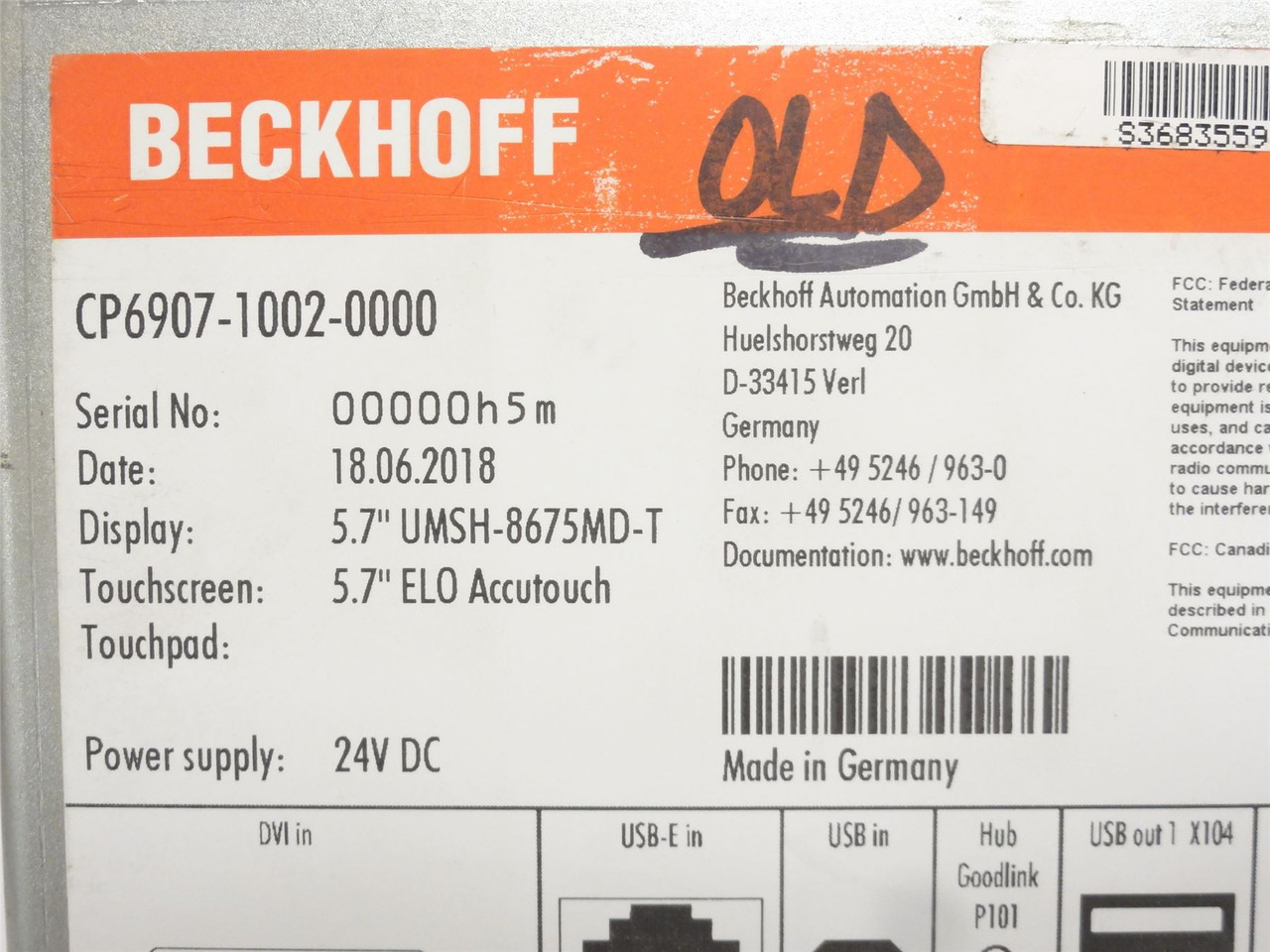 Beckhoff CP6907-1002-0000; Operator Panel 5.7" Diagonal; 24VDC