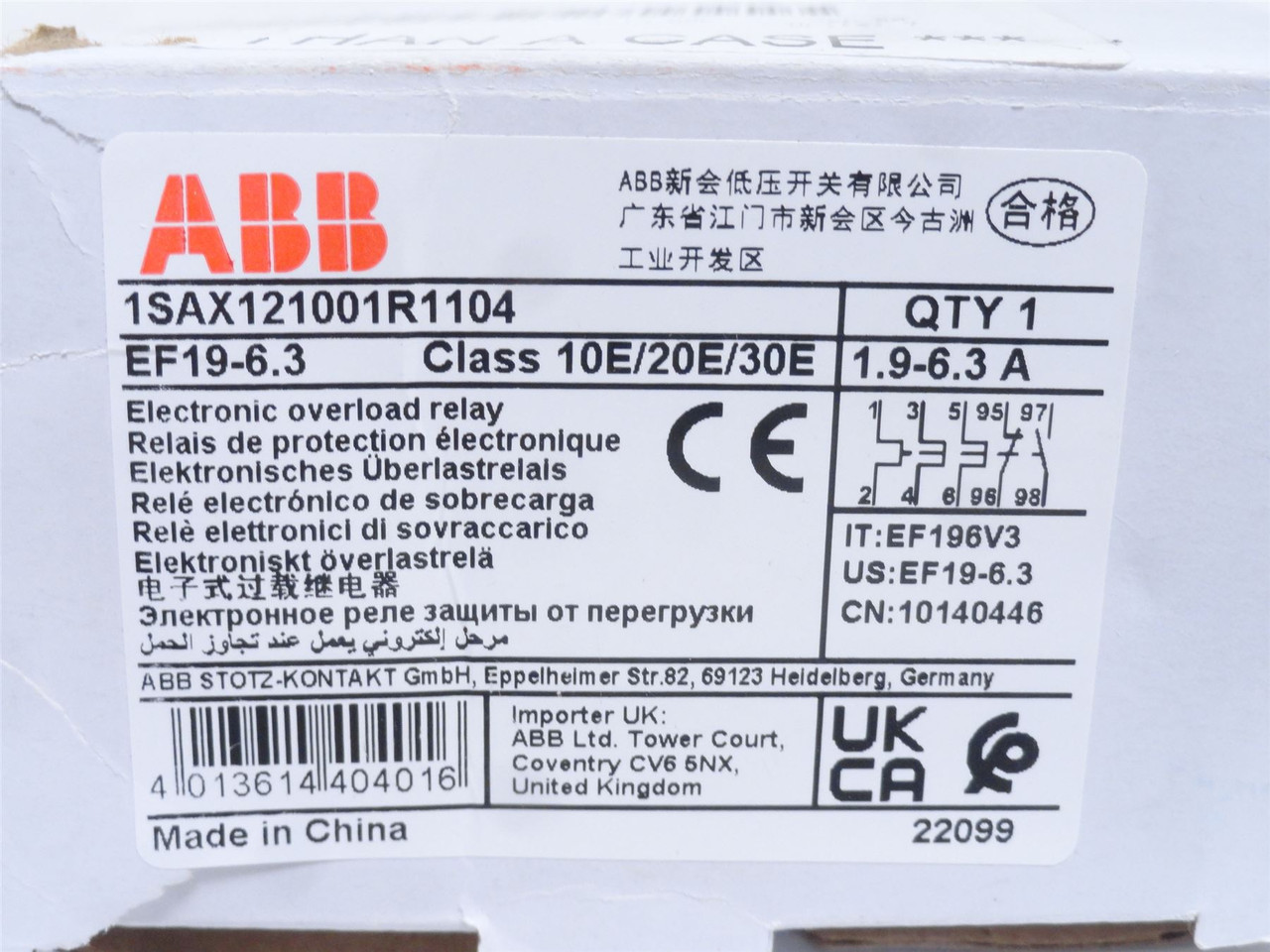 ABB EF19-6.3; Overload Relay; 1.9-6.3A; 3P; 600VAC