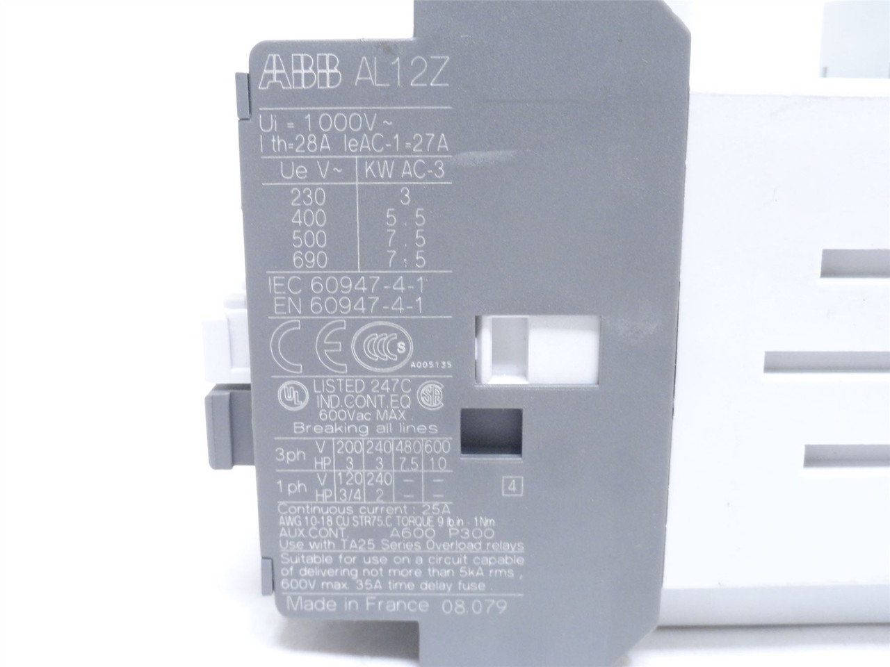 ABB AL12Z-30-01; Contactor 28A 3P 600VAC Coil: 24VDC