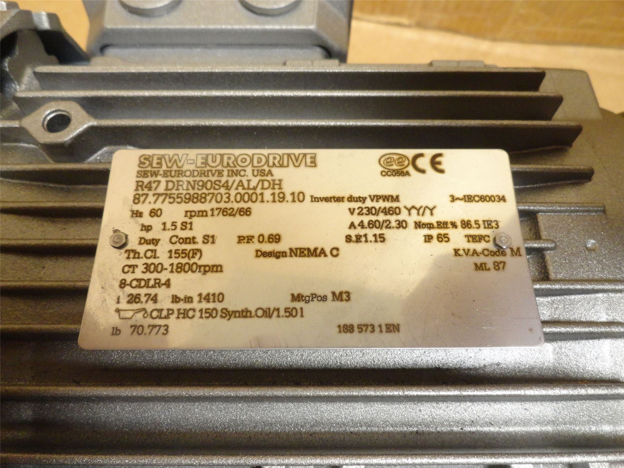 SEW R47DRN90S4/AL/DH; AC Gear Motor; 26.74"1 Ratio; 1-1/2HP