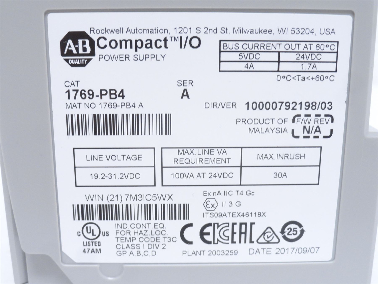 Allen-Bradley 1769-PB4; CompactLogix Power Supply 24VDC Input