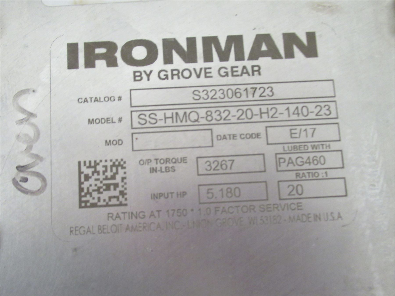 Grove Gear S323061723; Gearbox; 20:1; 5.180 Input HP