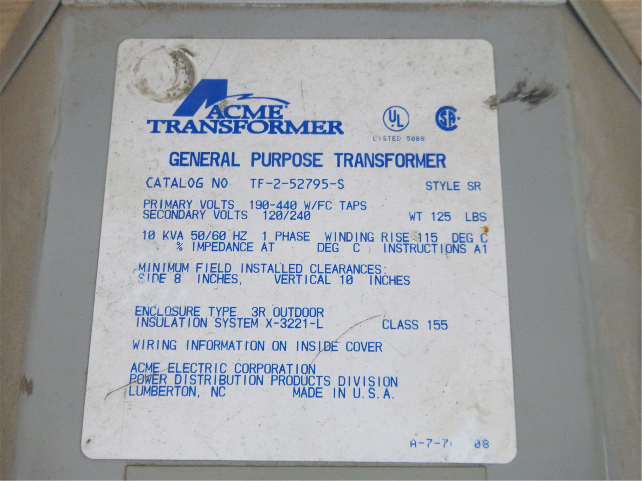 Acme TF-2-52795-S; Transformer 10KVa 1Ph Pri: 190-440V 2nd 120/240V
