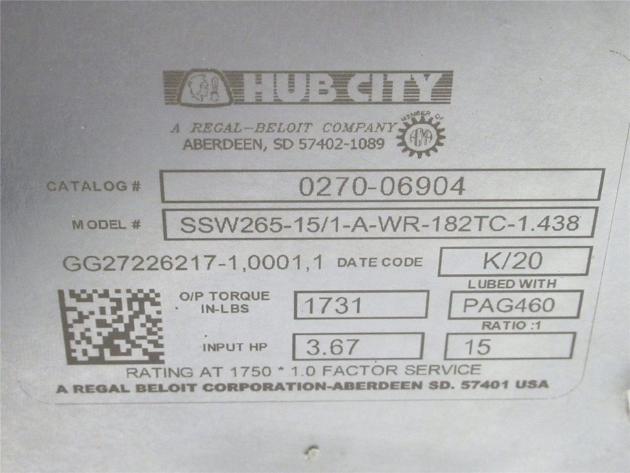 Hub City SSW265-15/1-A-WR-182TC-1.438; SS Gearbox; 15:1
