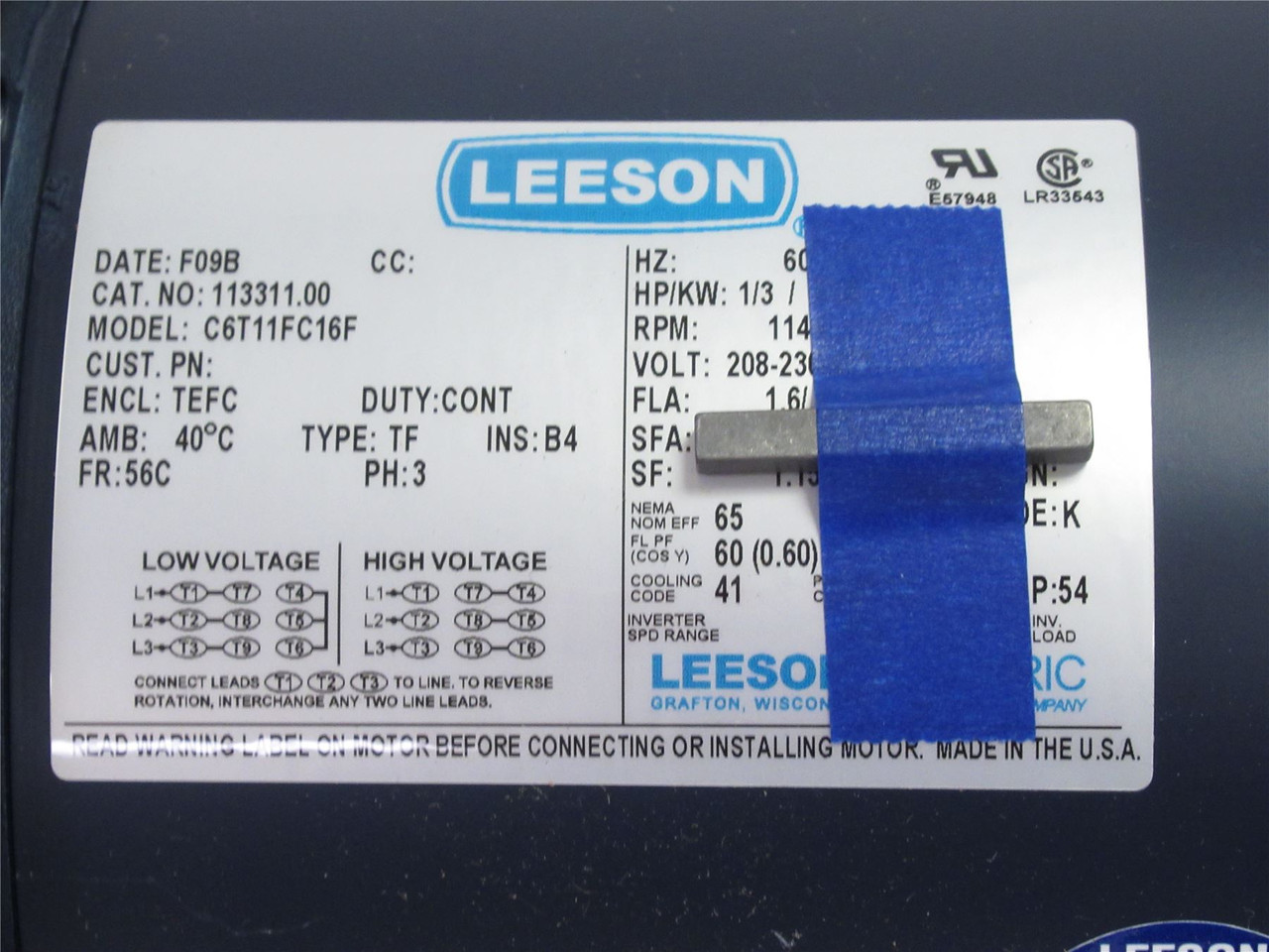 Leeson C6T11FC16F; AC Motor;1/3HP; 1140RPM; 208-230/460V;3Ph