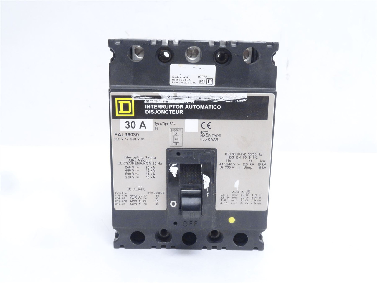 Square D FAL36030; Circuit Breaker; 30A; 3P; 600VAC