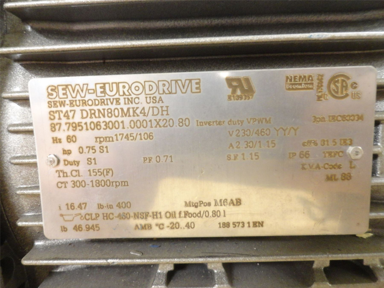 SEW ST47DRN80MK4/DH; Gear Motor 16.47:1 Ratio; 3/4HP; 230/460V