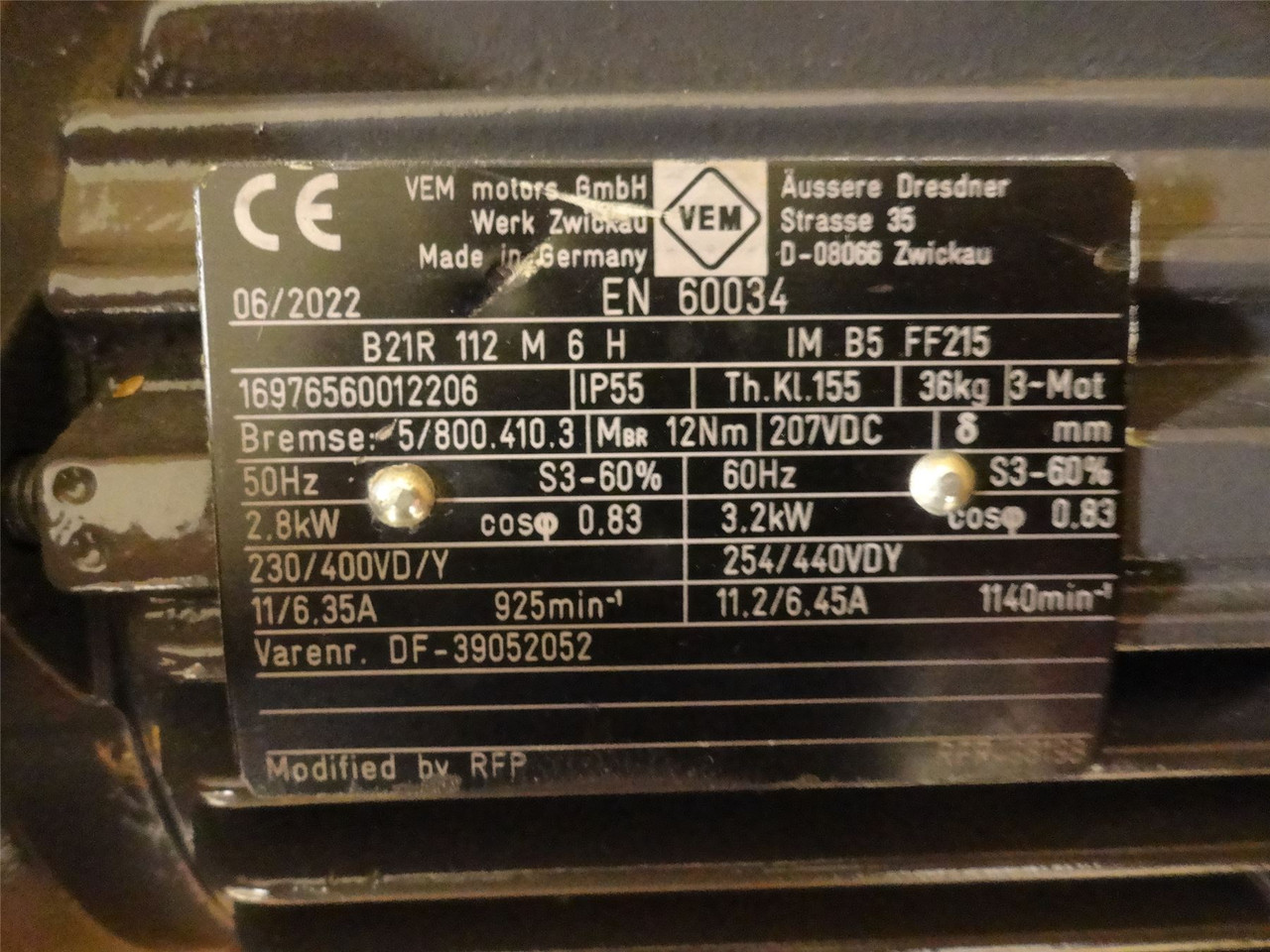 VEM B21R-112-M-6-H; AC Brake Motor 3.2kW 1140RPM 440VAC