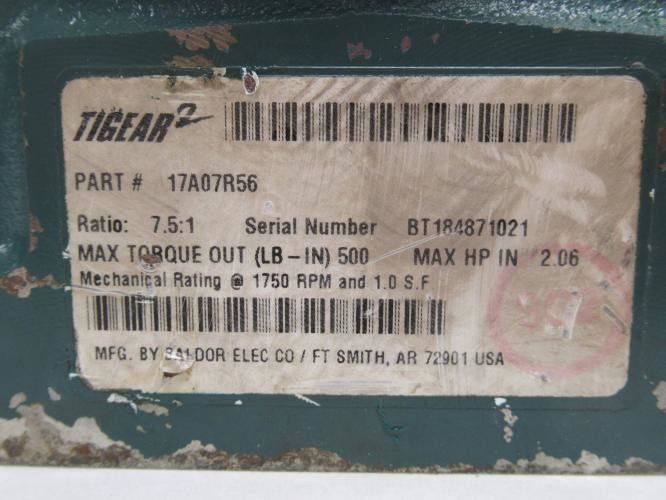 Baldor 17A07R56; Gear Reducer; RA; 7-1/2:1 Ratio; 2.06Hp In