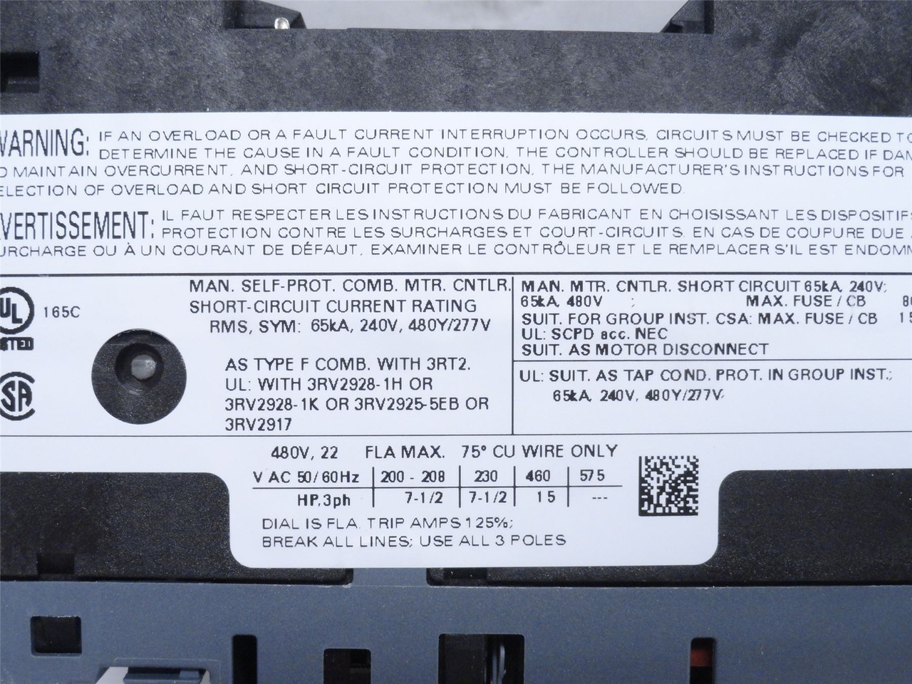 Siemens 3RV2021-4CA10; Motor Protector; 16-22A; 3P; 690VAC