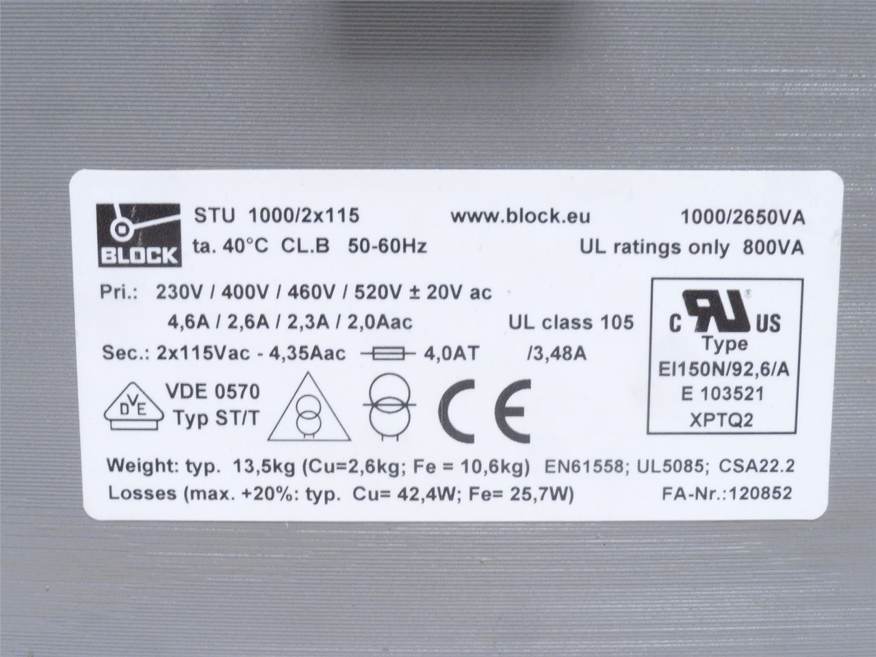 Block STU 1000/2x115; Transformer 1000vA Secondary 2 x 115VAC