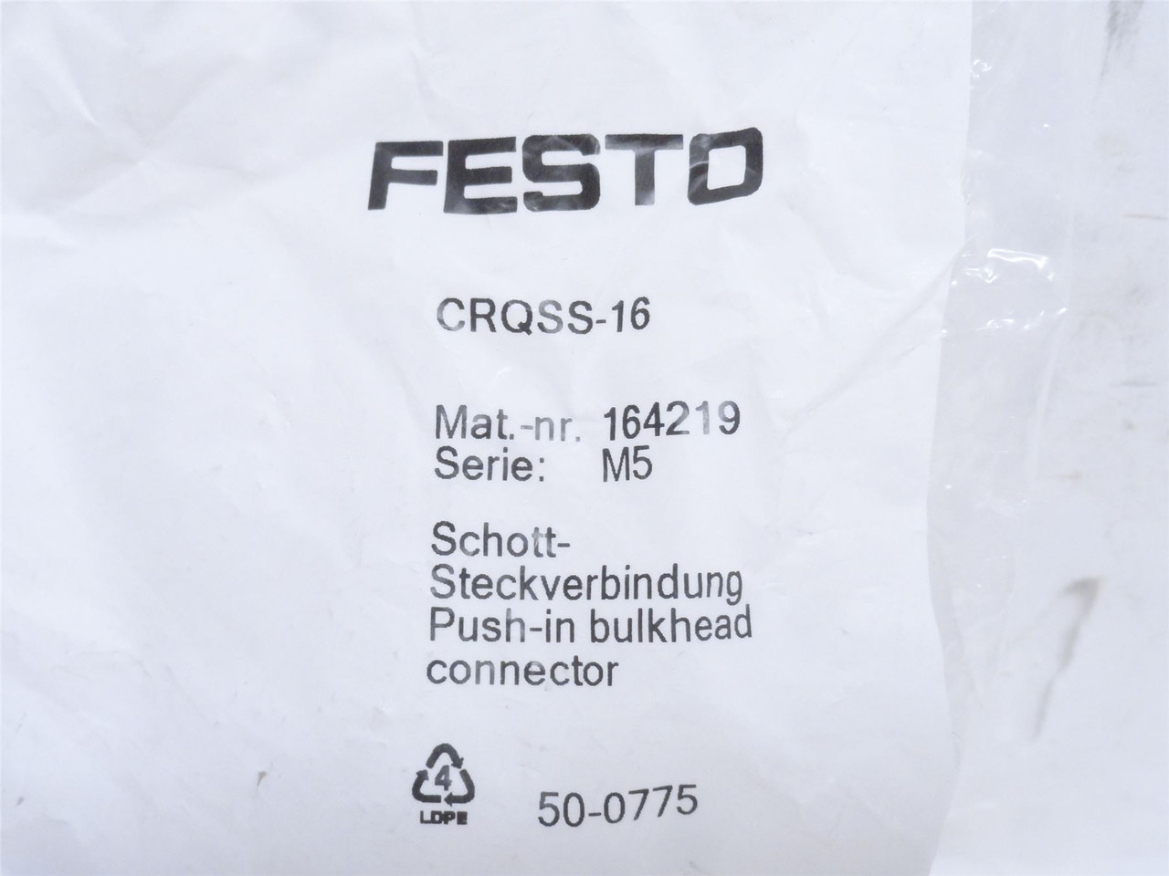 Festo CRQSS-16; Bulkhead Connector 164219; Size: 16mm PTC