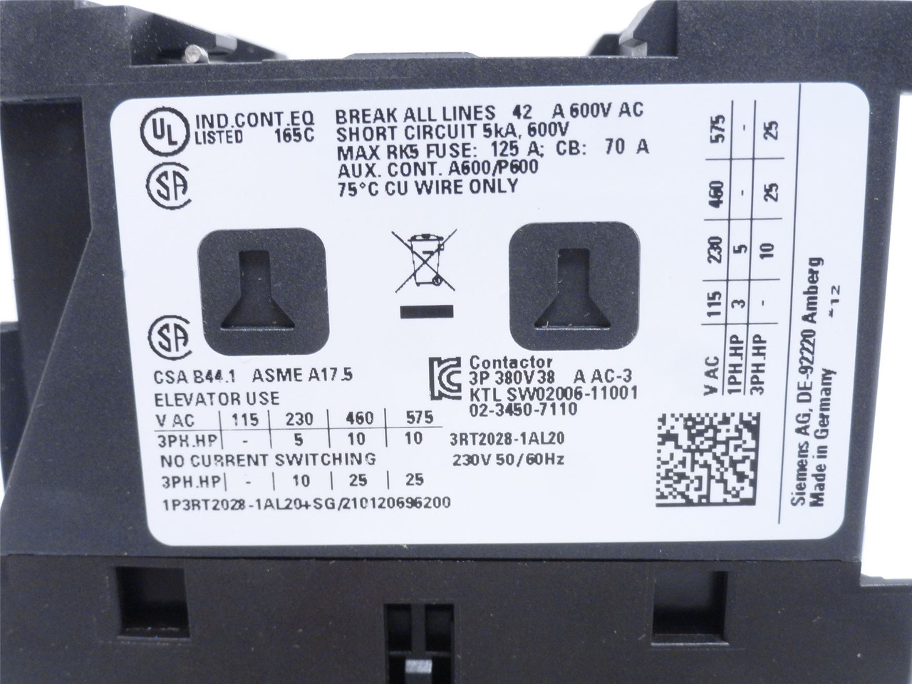 Siemens 3RT2028-1AL20; Contactor 38A; 39; 600VAC; Coil 230VAC
