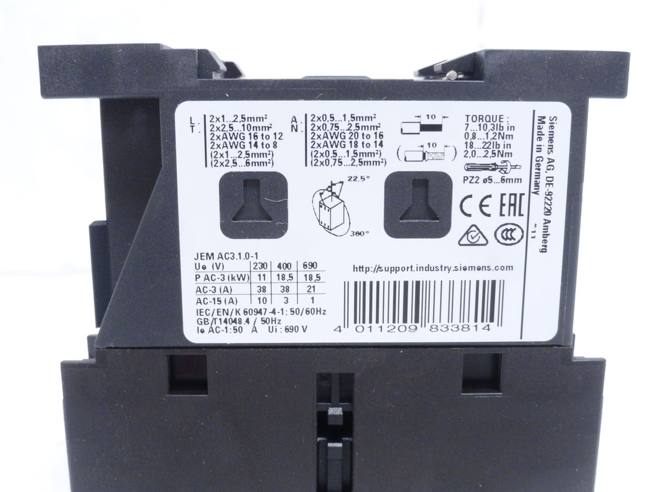 Siemens 3RT2028-1AL20; Contactor 38A; 39; 600VAC; Coil 230VAC