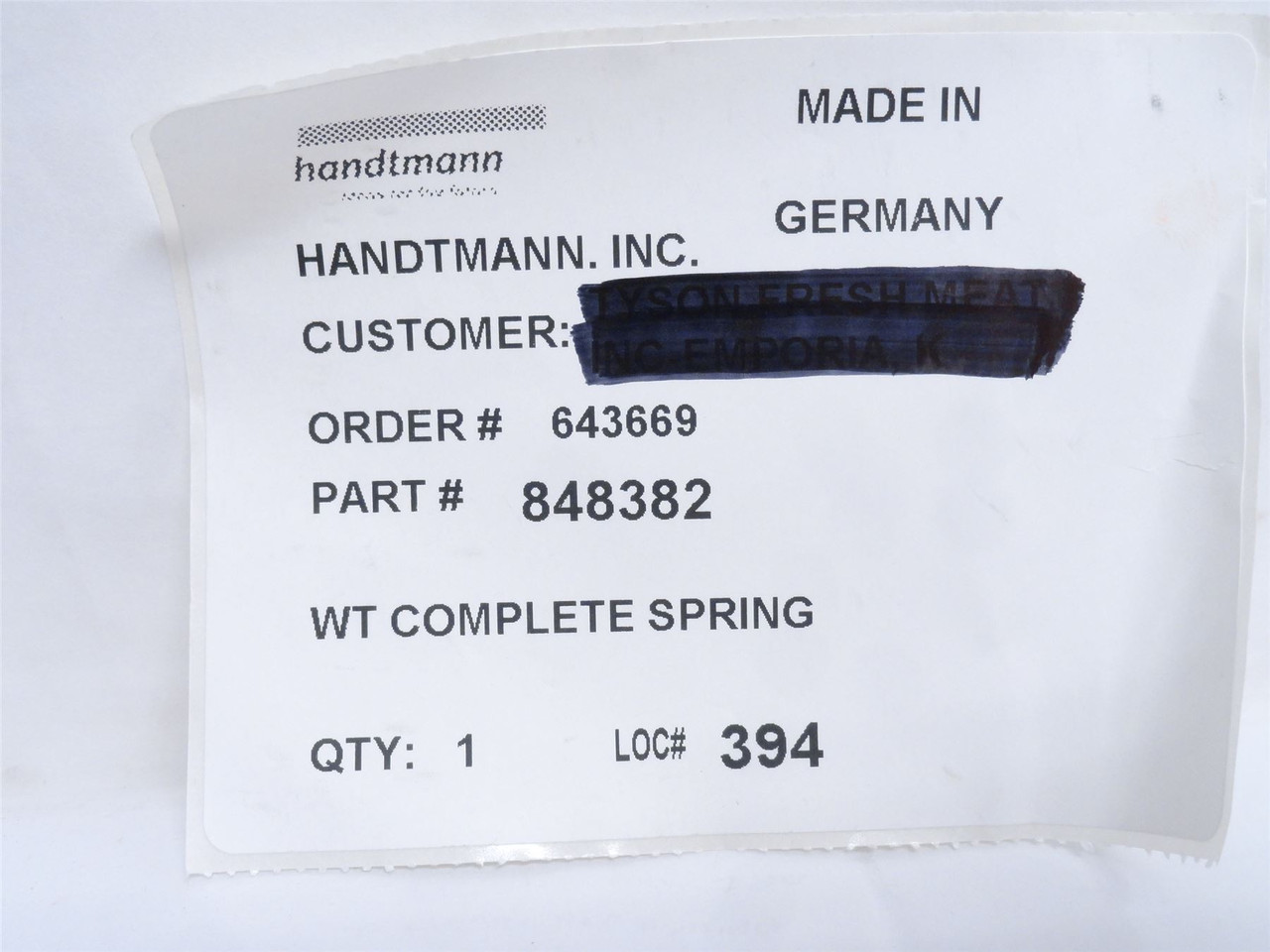 Handtmann 848382; Pressure Spring; 6BAR; 4.47" Long; 0.82"OD