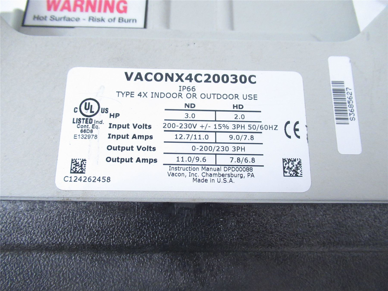 Danfoss Vacon X4C20030C; AC Drive 3 Phase 9.6A 3 HP 230 V