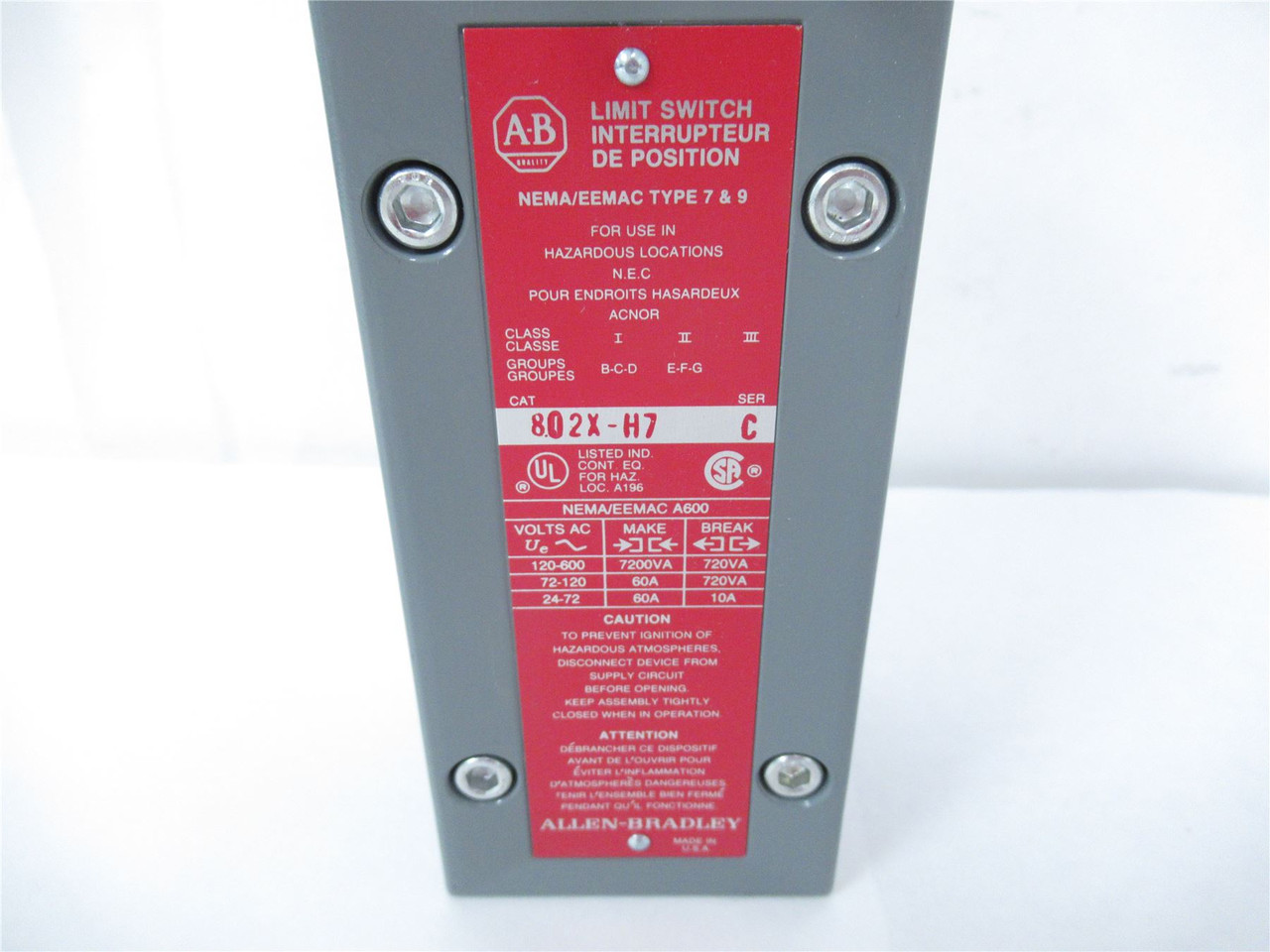 Allen-Bradley 802X-H7; Limit Switch  600 VAC Max 10 AMP Max