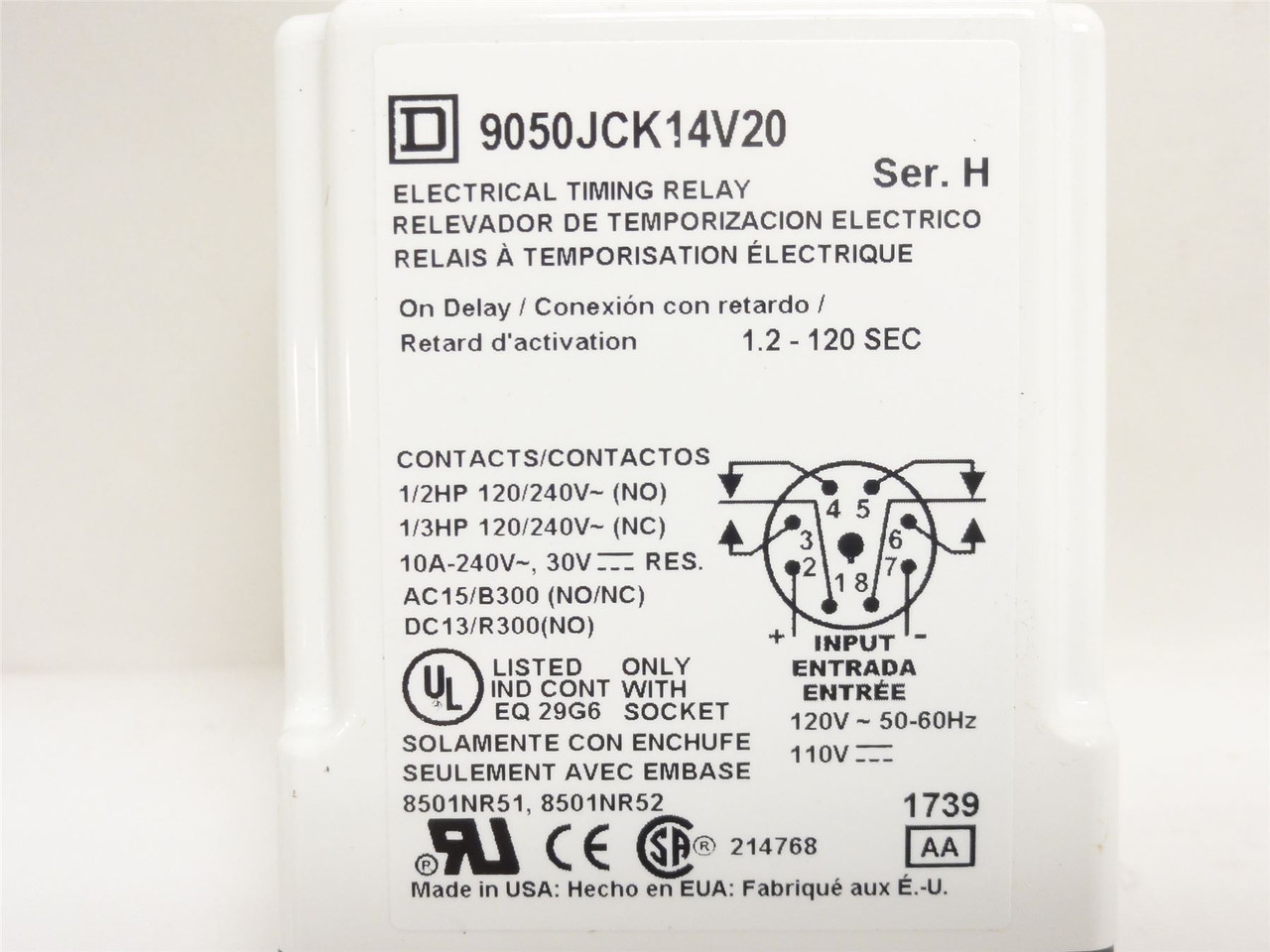Square D 9050JCK14V20; Time Delay Relay 1.2-120 Seconds; 110V