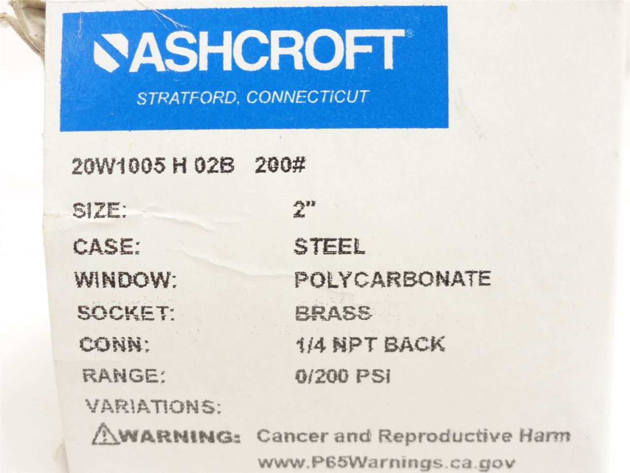 Ashcroft 20W1005-?-02B-200; Dry Pressure Gauge; 0-200PSI