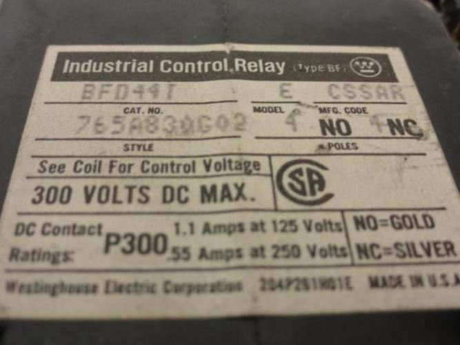 Westinghouse BFD44T; Relay; 300V DC MAX