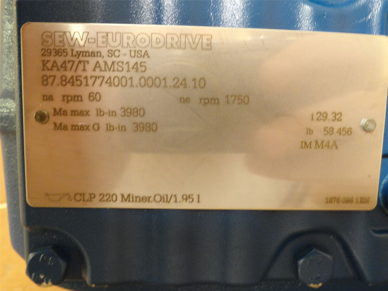 SEW KA47/TAMS145-29:1; Inline Gearbox; 29.32:1 Ratio; 60RPM